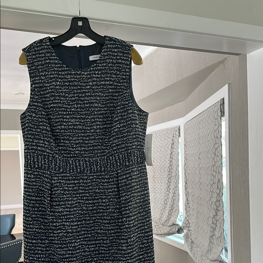 Carmen Marc Valvo Navy and White Textured Midi Dress